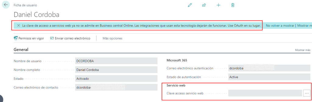 Imagen donde se puede ver el mensaje de Microsoft donde advierte que depreca la clave de acceso web y que se tiene que usar OAtuh
